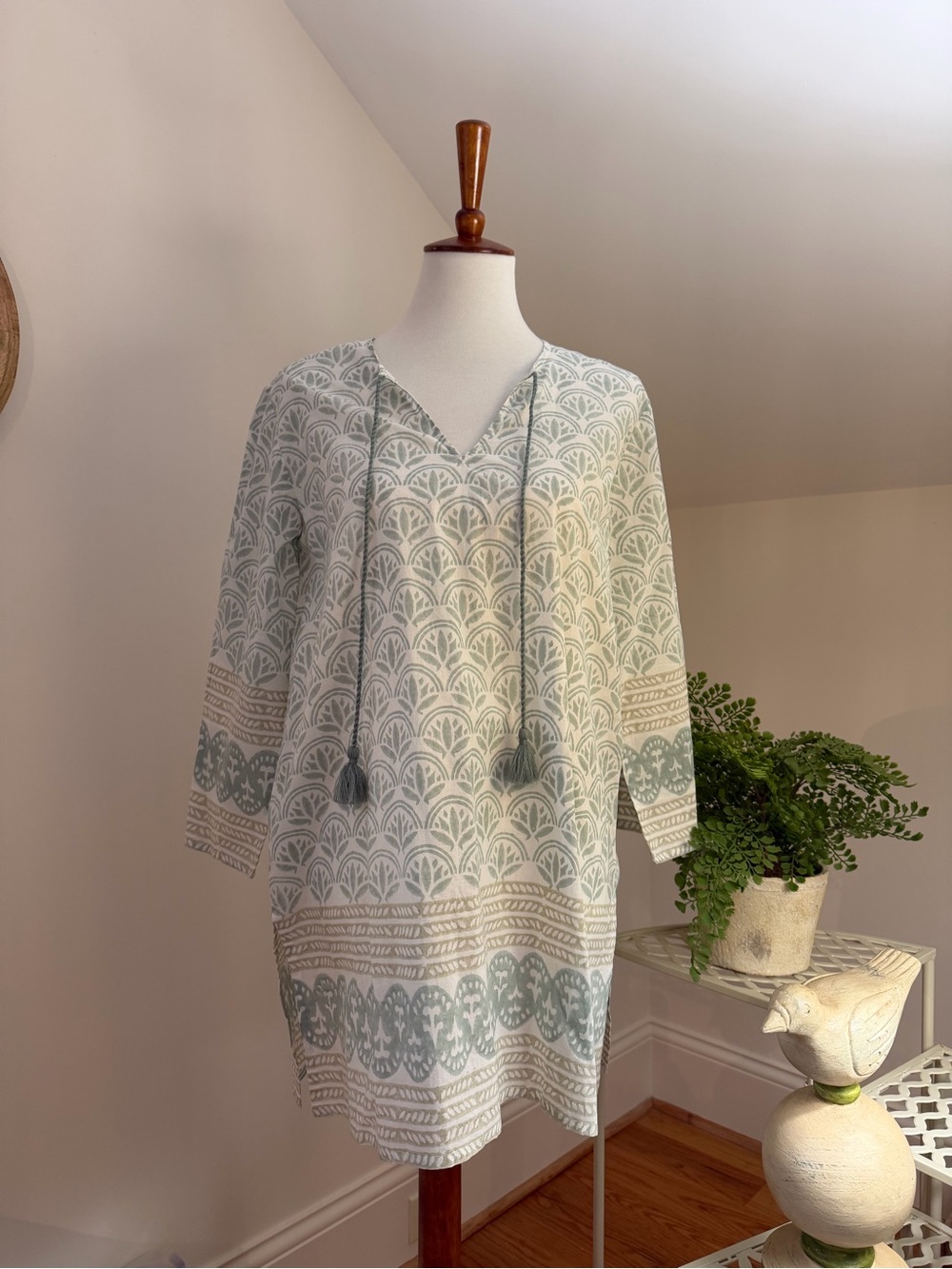 Light Sage Patterned V-Neck Tunic Dress with Tassel Ties
